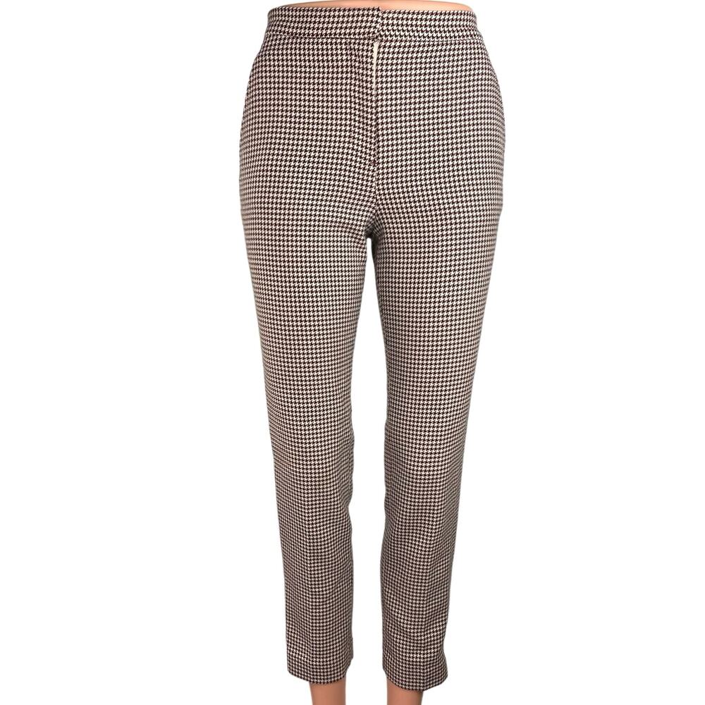 H&M Women's Brown Houndstooth Plaid Flat Front Crop Skinny Career Pants Size 0
